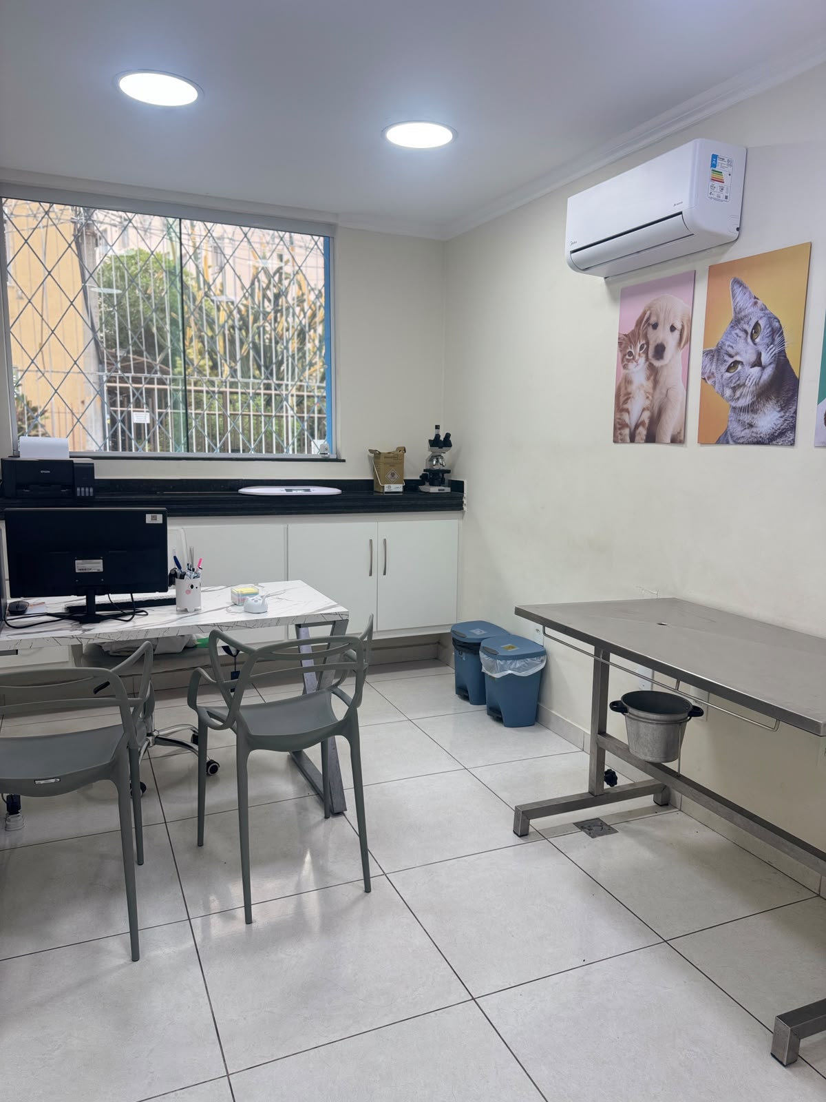 Consultório da Cavet com mesa inox, bancada e microscópio