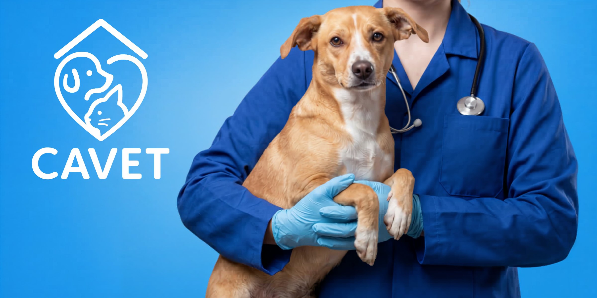 Veterinária da Cavet Tijuca segurando um cão, ao lado do logo da clínica.