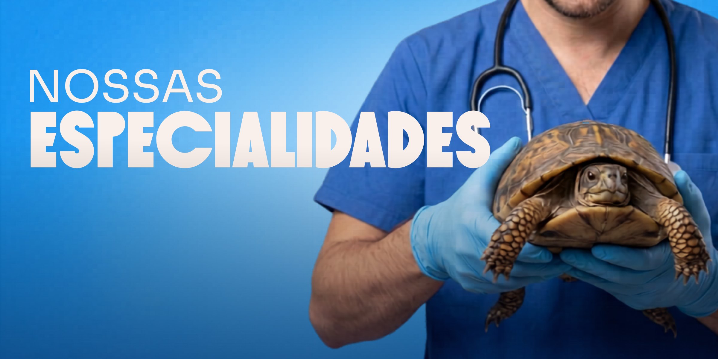 Veterinário da Cavet segurando uma tartaruga, com o título Nossas Especialidades.